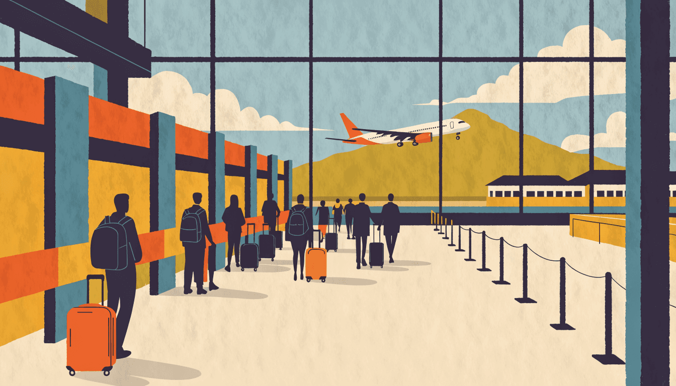Illustration of a wide airport arrivals hall in late summer, travellers with rolling suitcases coming through the gates beneath tall windows while one long queue barrier stands empty.