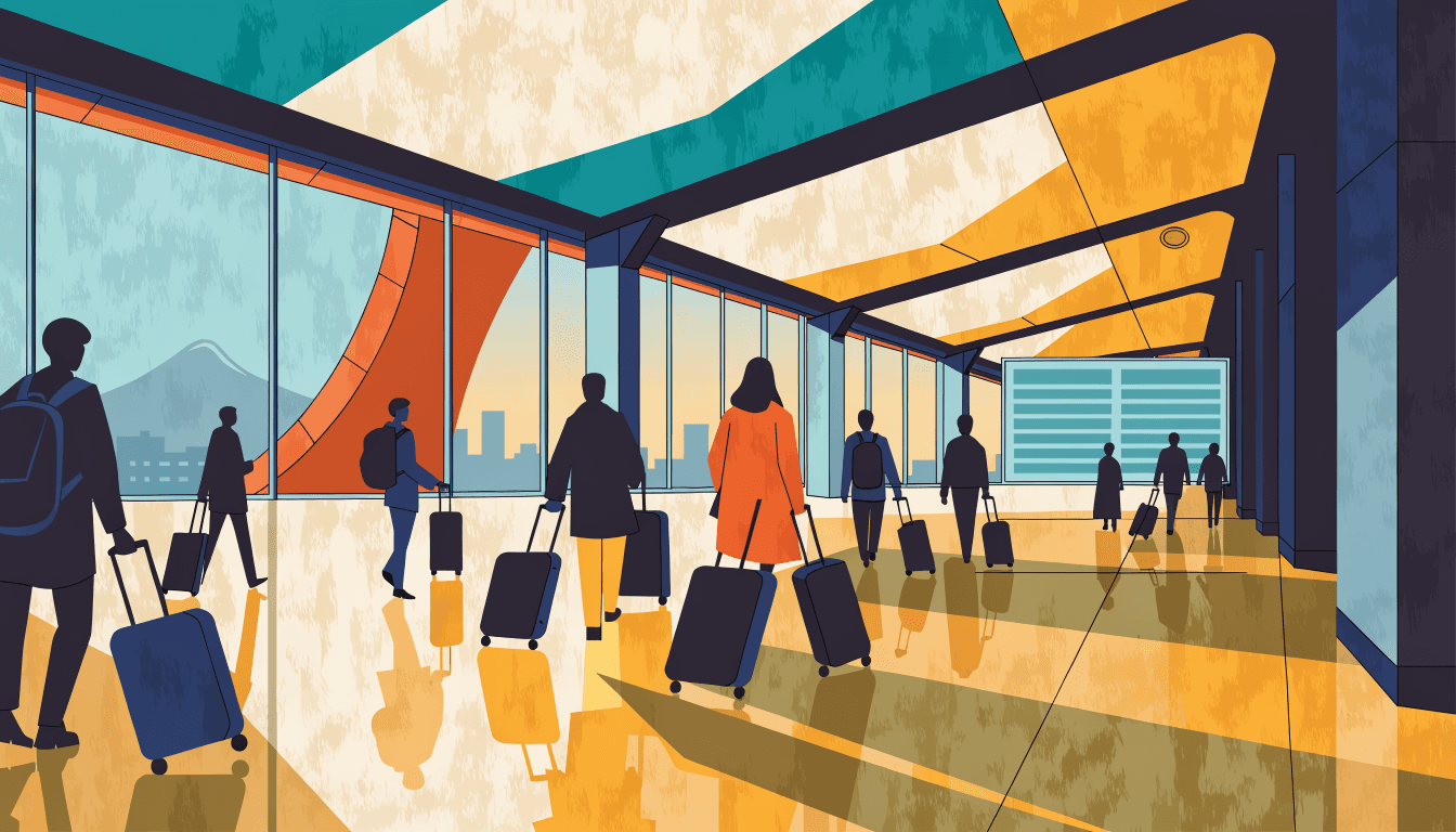 Illustration of travellers pulling suitcases through a sunlit airport arrivals concourse, a mountain visible through the windows.
