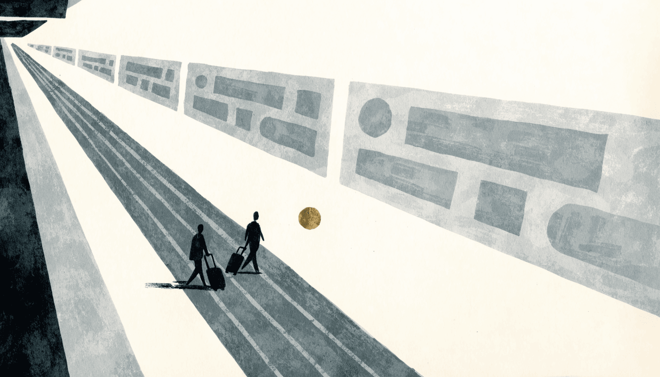 Editorial illustration of an airport arrivals concourse seen from above, with two silhouetted travellers pulling suitcases past glowing abstract departure boards