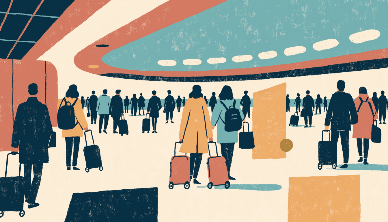 Flat-vector editorial illustration of an airport arrivals hall seen from above, with abstract luggage-trolley and departures-board shapes rendered in a calm, muted palette — no text, logos or faces.