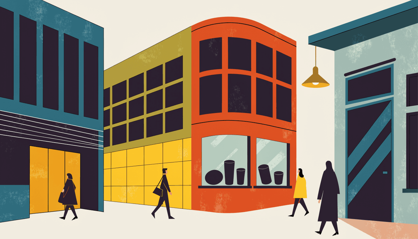 Editorial illustration of a city street with four differently sized shopfronts side by side — a department store, a supermarket, a convenience store and an unlabelled shop — each glowing at dusk, a silhouetted shopper walking past.