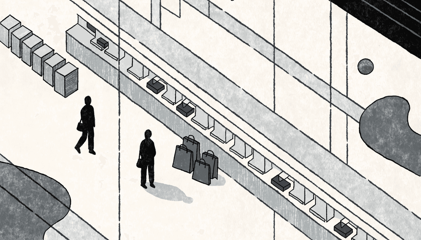 Illustration of a department-store sales floor seen from above, with shopping bags on an escalator and two silhouetted shoppers, a small brass accent in the background