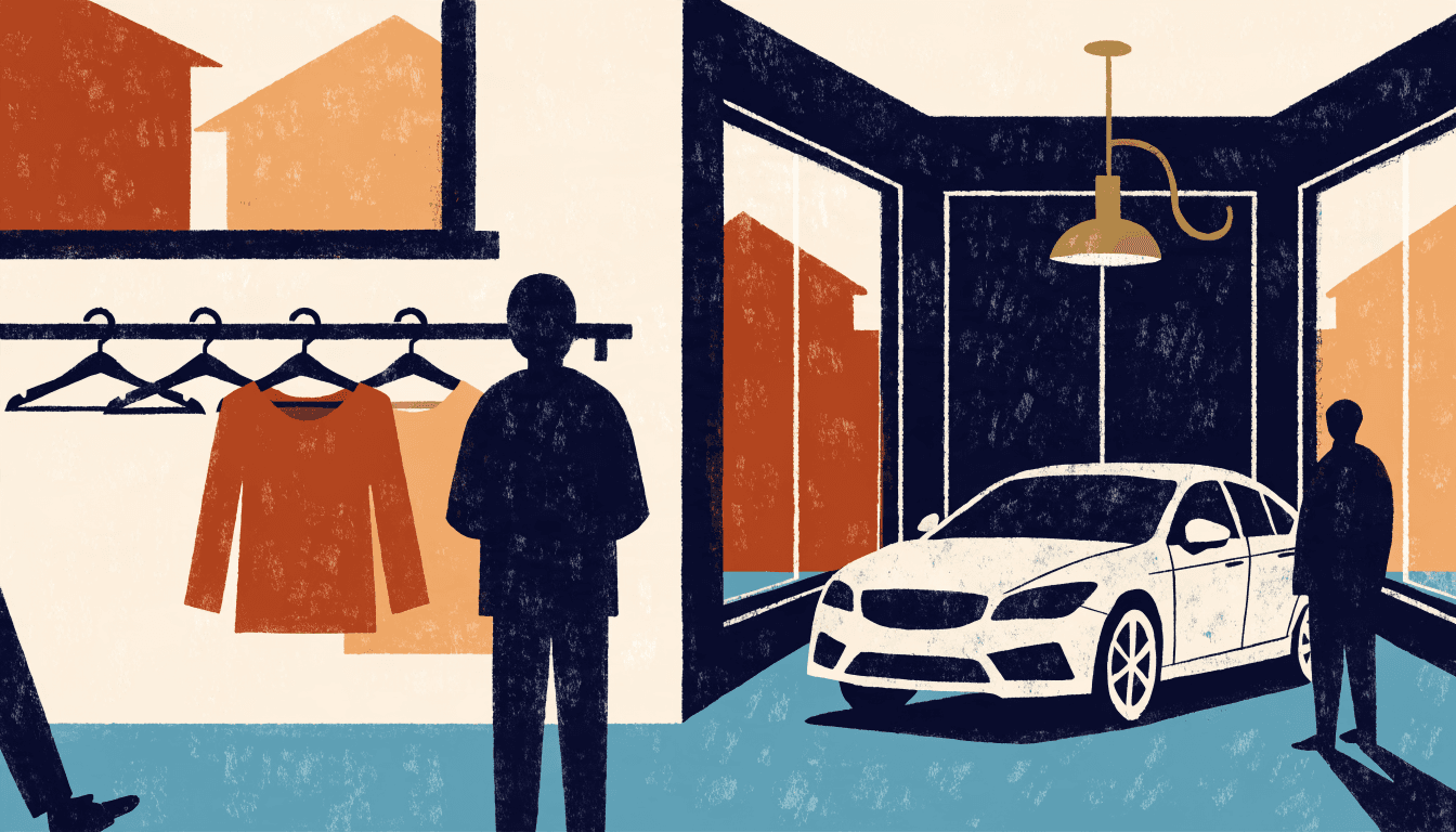 Editorial illustration contrasting a half-empty clothing rack in a shop with a gleaming car in a showroom on the other side, split composition.