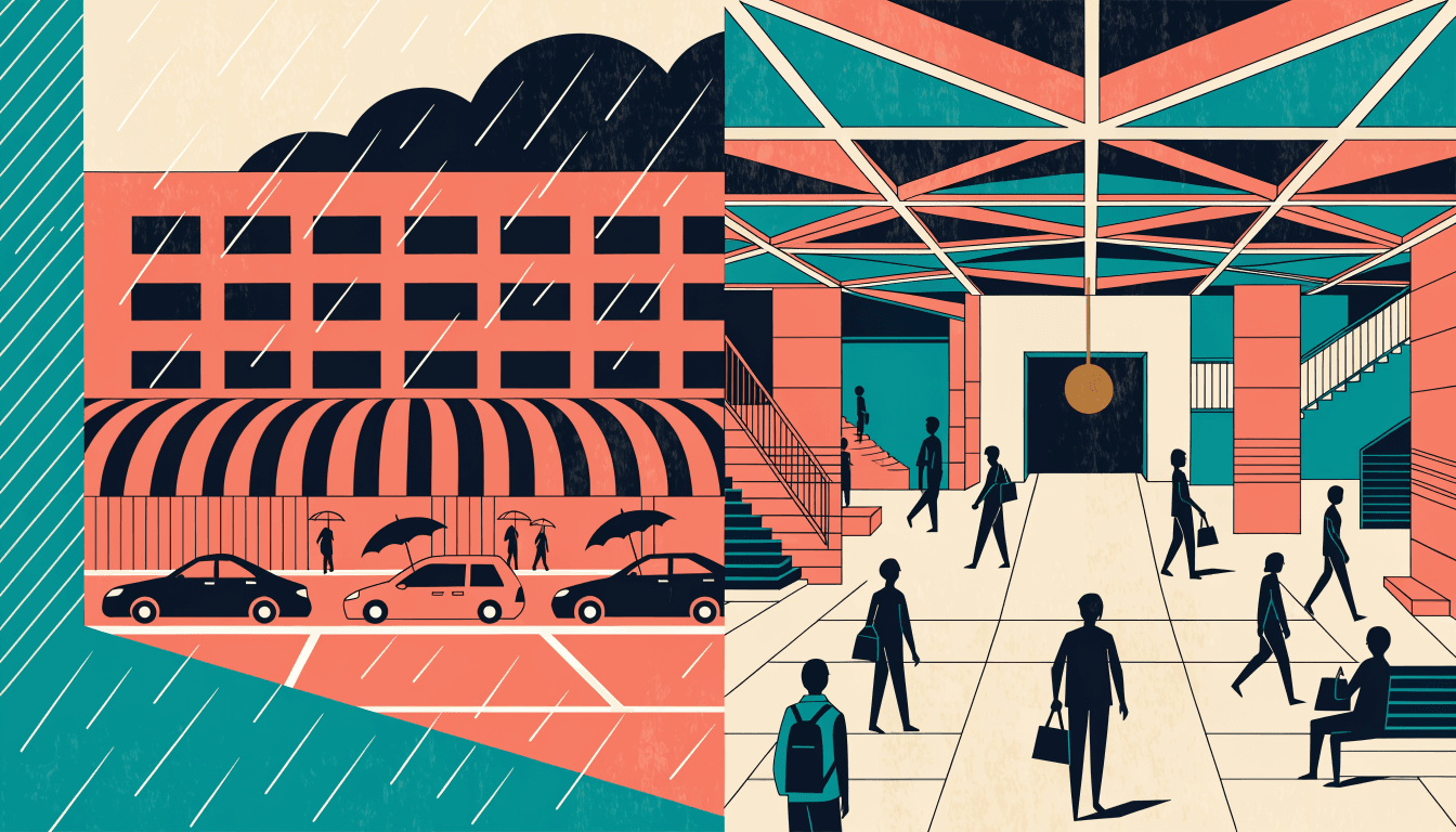 Editorial illustration split between a rain-swept suburban shopping-mall car park with umbrella-carrying silhouette figures, and a dense, transit-adjacent city-centre atrium full of anonymous shoppers.