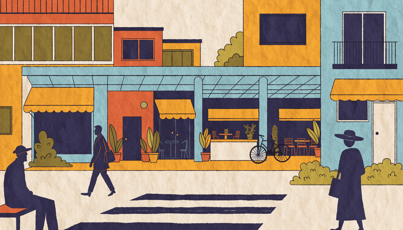 Editorial illustration of a compact Japanese neighbourhood shopping arcade with small dining and service storefronts, potted greenery and a covered walkway, with silhouette figures walking and seated nearby, warm cream and ochre tones, no text or logos.