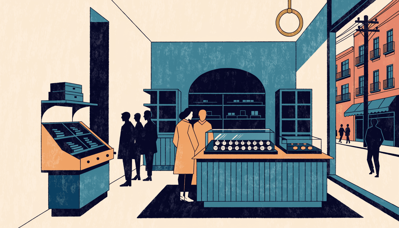 Editorial illustration of a department store jewellery and watch counter, with shoppers browsing and a glimpse of a Tokyo shopping street through the window.