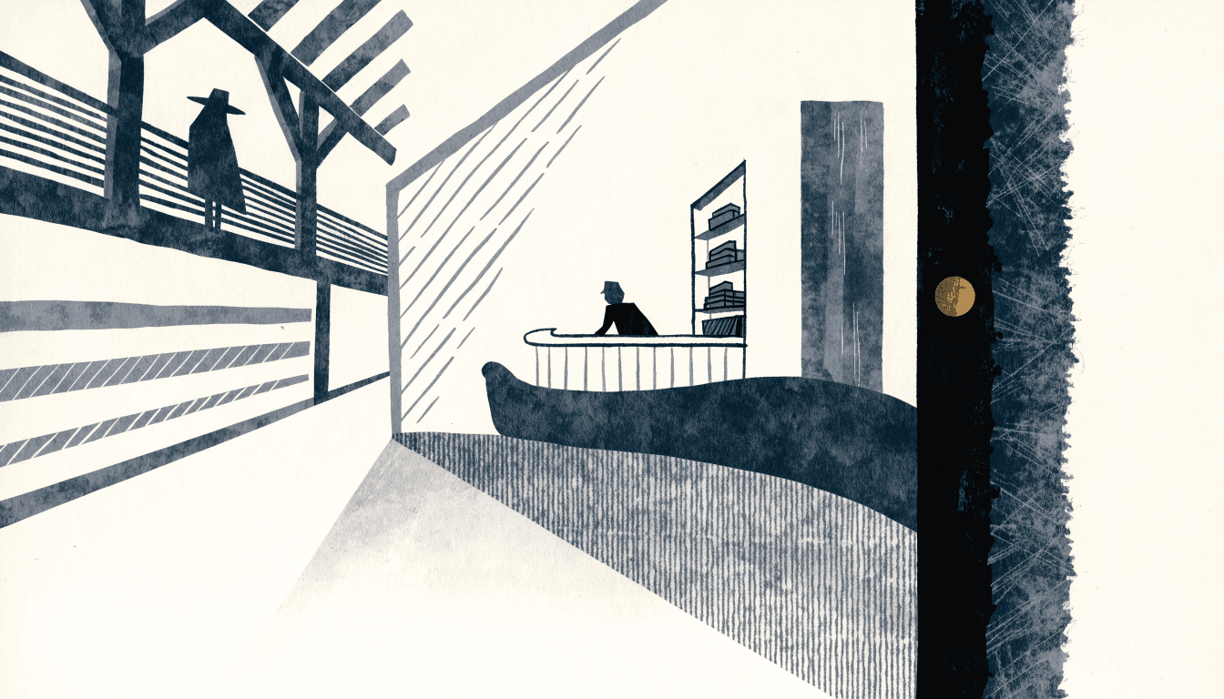 Illustration of a boutique hotel lobby and bar in an English market town, with wool-mill inspired textures and exposed beams