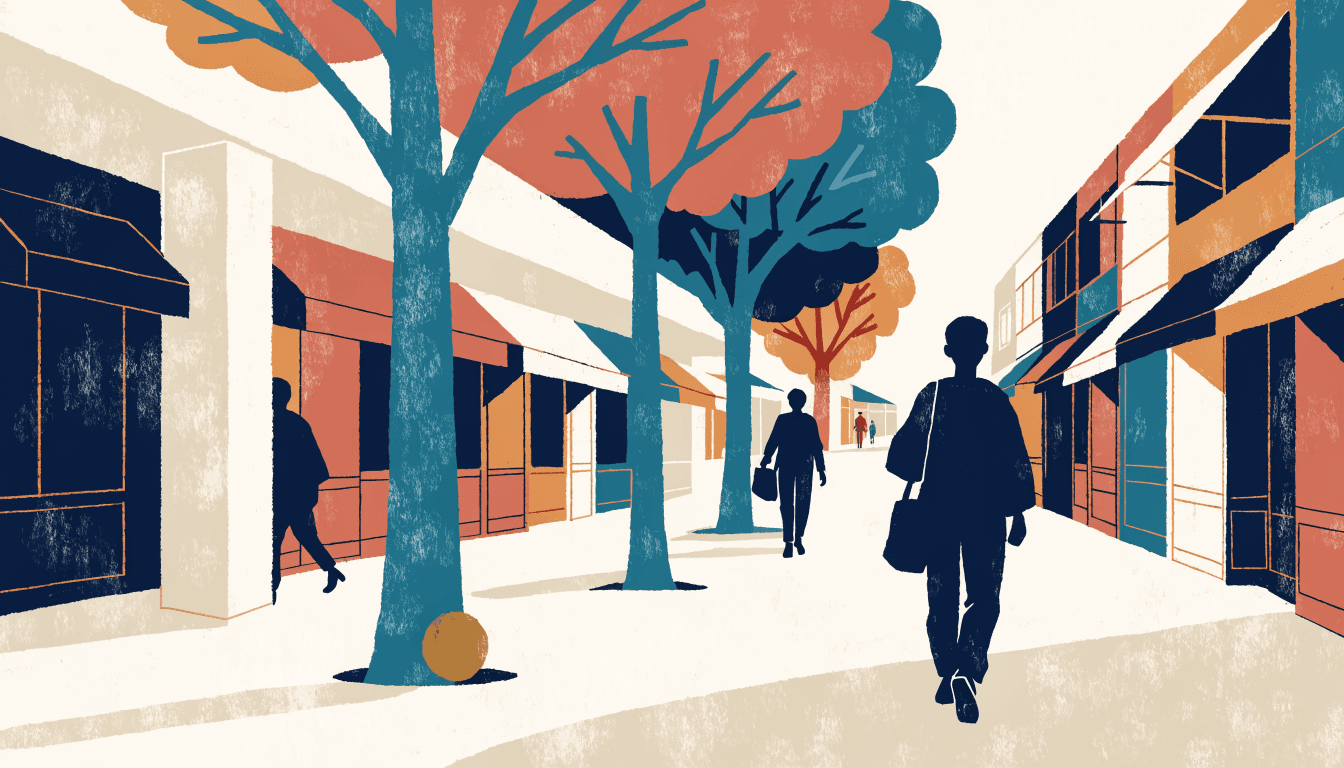 Illustration of an open-air outlet shopping promenade lined with boutique storefronts and autumn trees, with silhouette figures strolling, warm flat-vector style.