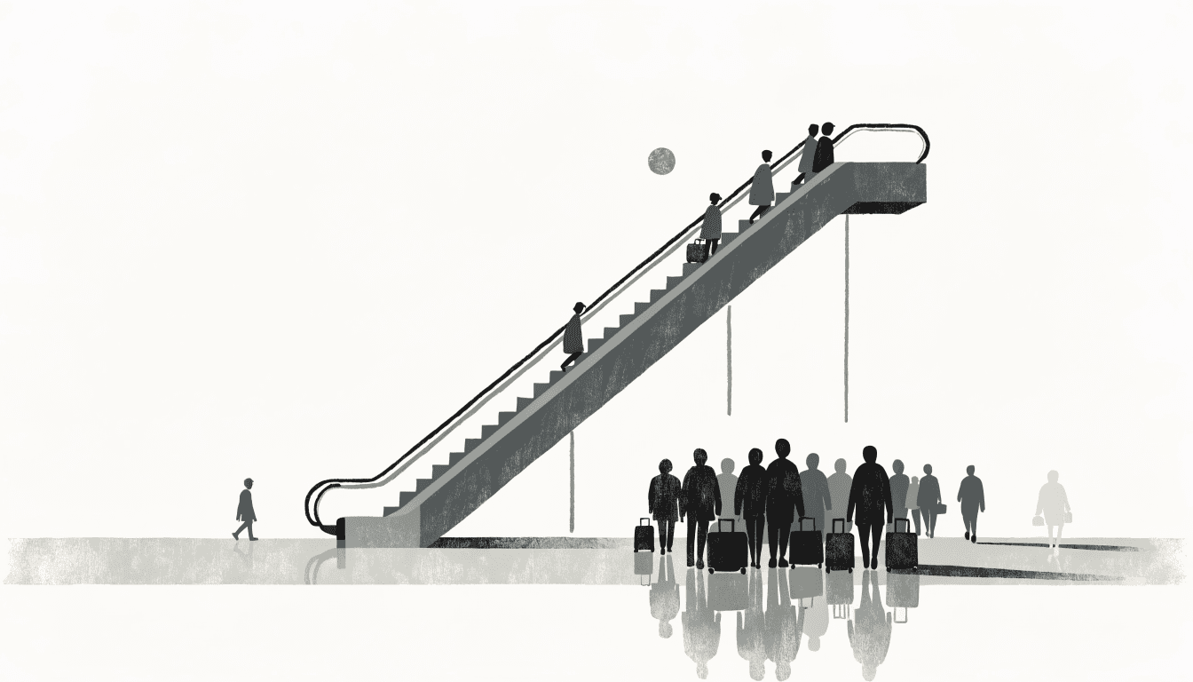 Illustration of travellers with luggage arriving beneath a long escalator in an airport concourse