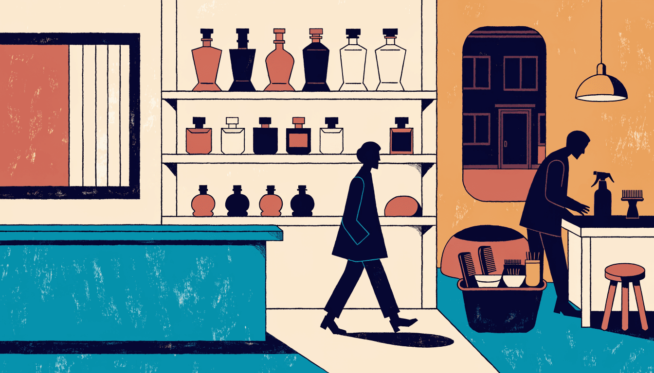 A warm illustration of a fragrance boutique interior opening onto a small pet-grooming corner, with a silhouette figure at a grooming table beside shelves of perfume bottles.