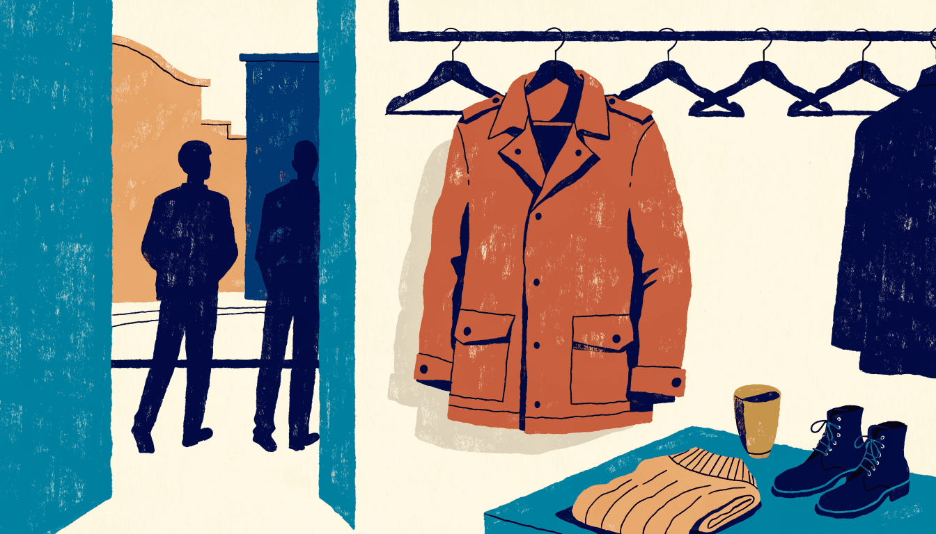 A warm illustration of a menswear rail inside a Tokyo select shop, showing a rust-orange field jacket on a hanger with a folded sweater and boots on a table nearby, and two silhouette figures in a doorway beyond.