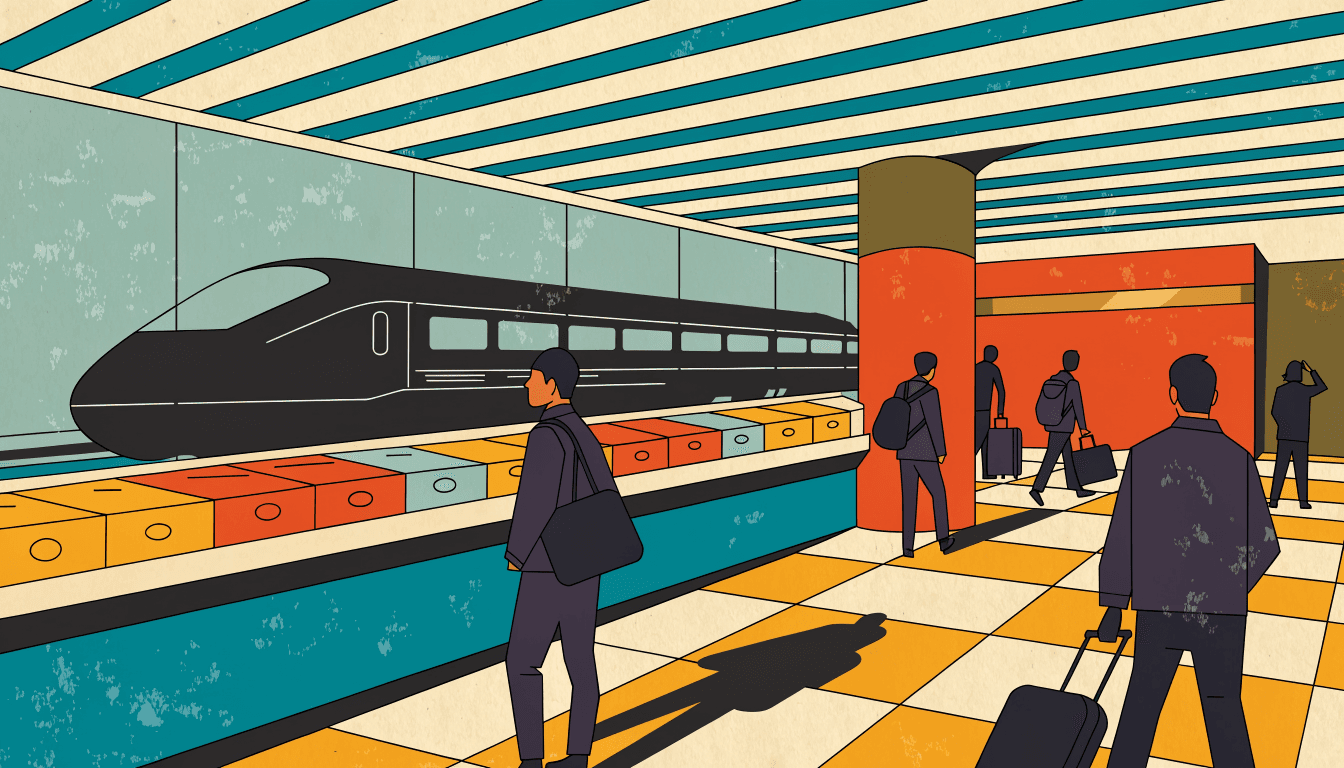 Editorial illustration of a busy station concourse: a long counter of colourful bento boxes beside a window with a bullet train, silhouetted travellers with bags walking past.