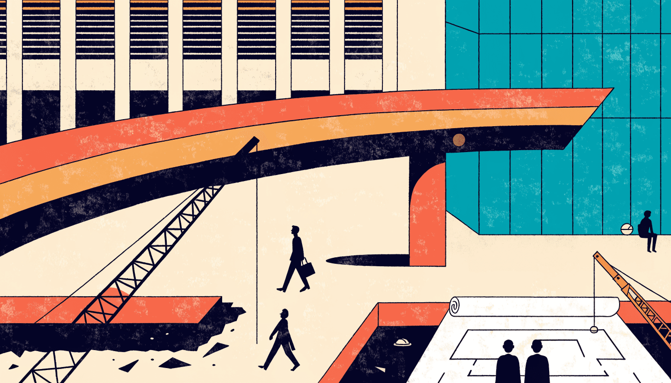 Flat-vector illustration of a raised train-station walkway and construction crane beside a glass office tower, two figures reviewing a blueprint below