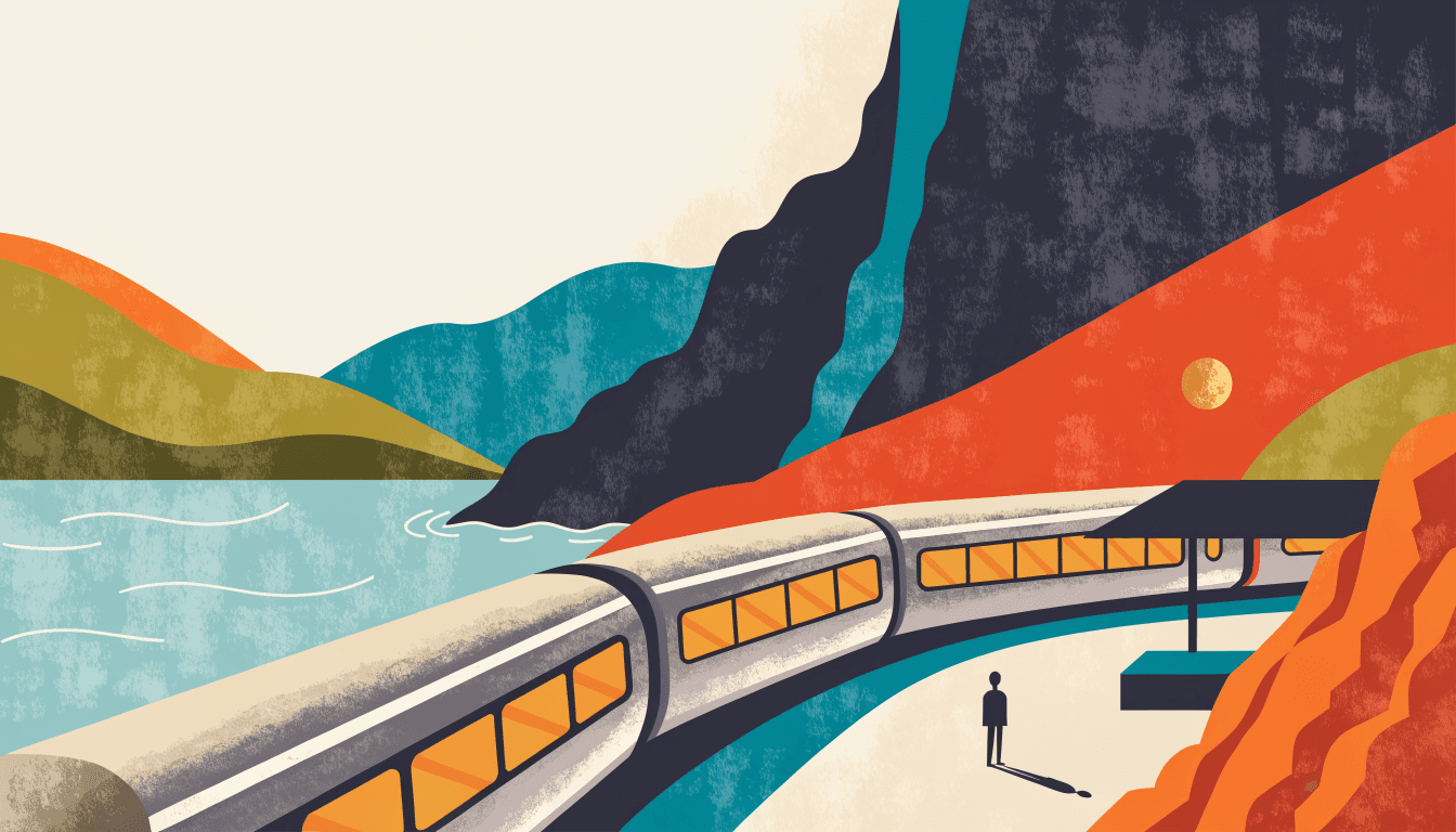 Illustration of a sleek silver luxury sleeper train curving along a coastal mountain track at golden hour, windows glowing, a silhouetted figure on the platform.