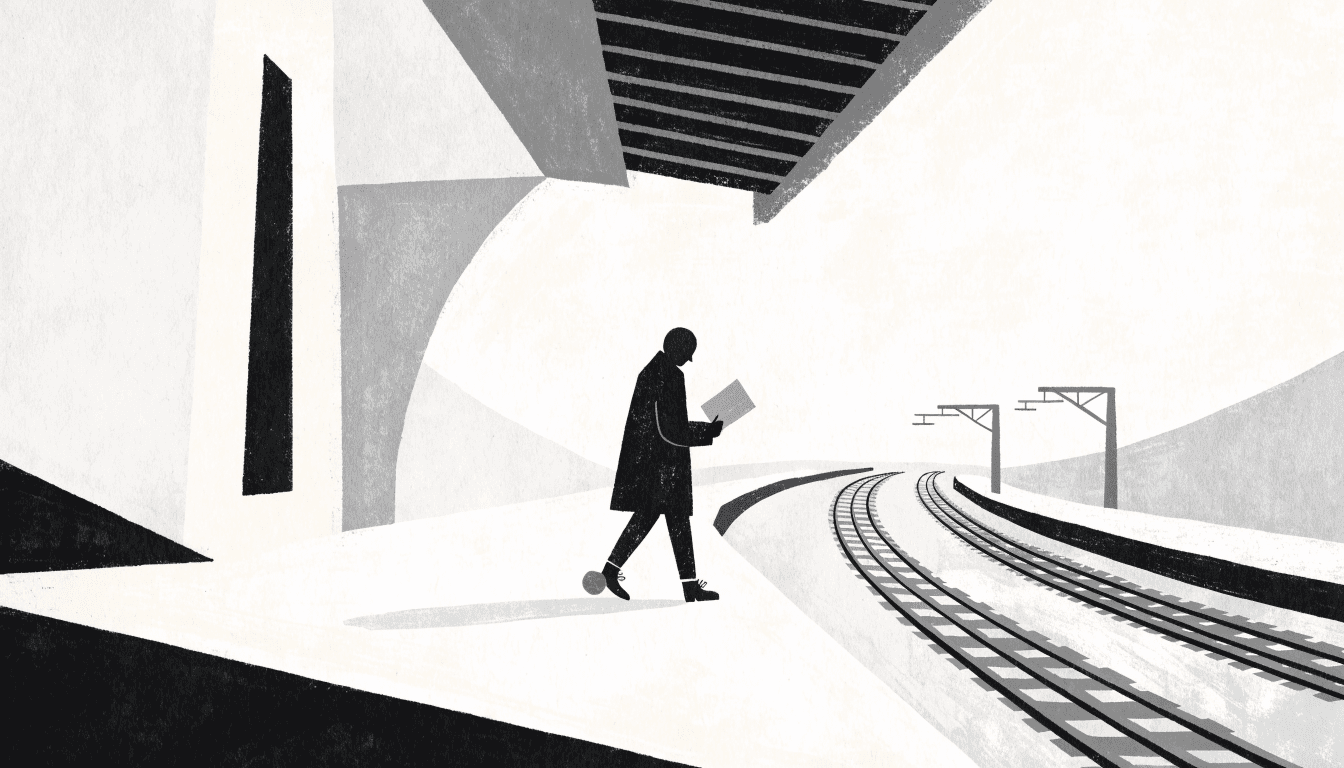 Illustration of a traveller reading a guidebook on an elevated station platform overlooking curving railway tracks