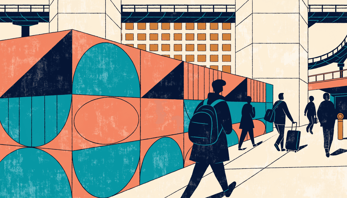 Illustration of commuters walking past colourful abstract artwork covering a station construction hoarding