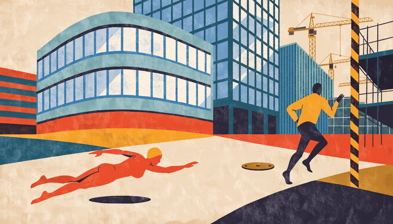 Editorial illustration of a swimmer and a runner cutting through a still-emerging transit-district plaza, cranes and glass towers in the background, in warm near-monochrome.
