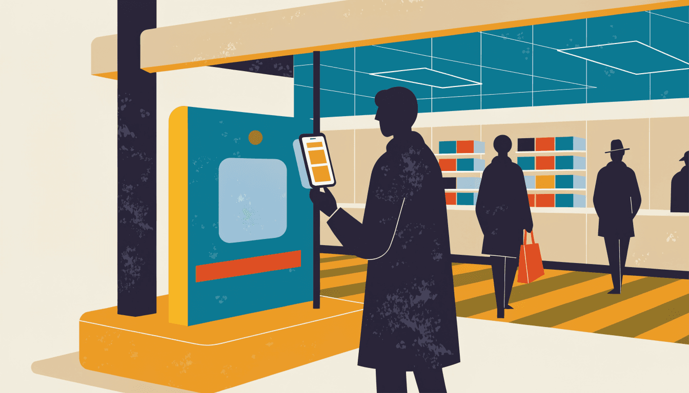 Illustration of a station ticket gate area: a smartphone showing a code-payment screen held near a card reader, station shop shelves softly visible behind.