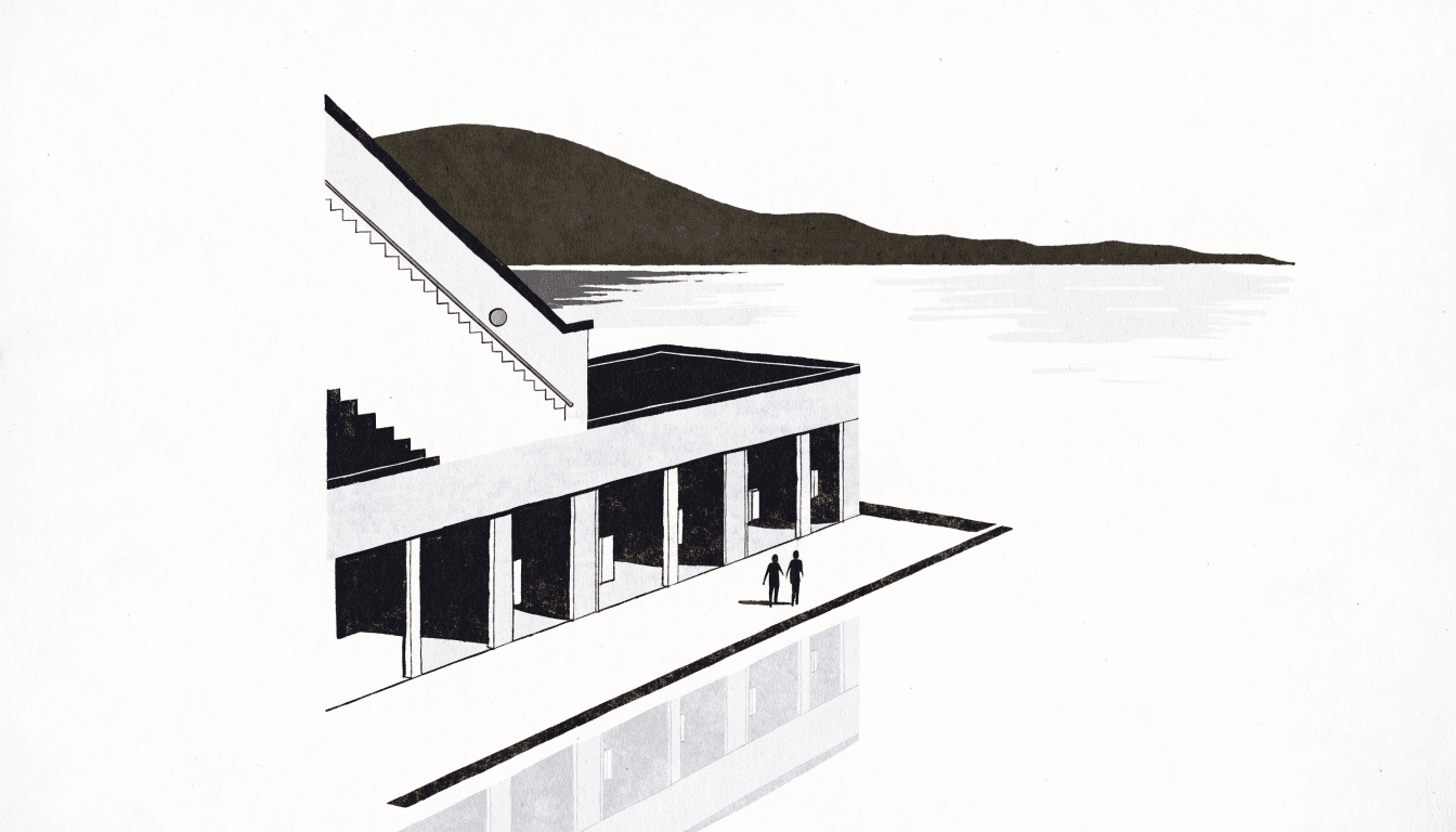 Editorial illustration of a small two-storey station building on a coastal town street, a stairway leading to a rooftop platform above a ground-floor retail arcade, the sea and hills visible behind, silhouetted figures crossing the station forecourt.