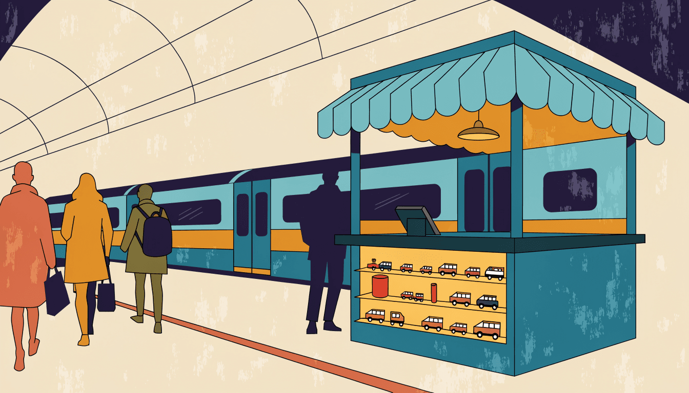 Warm editorial illustration of a station kiosk counter with stacked sticker sheets and small toy trains, a silhouette commuter waiting on the platform beyond the glass.
