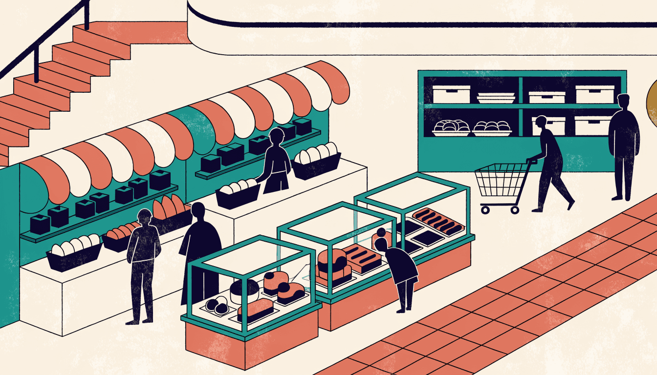 Editorial illustration of a bustling basement department-store food hall, with striped awnings over delicatessen counters, shoppers shown in silhouette, and a single small brass accent above one stall.