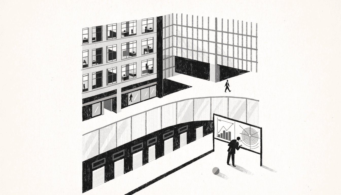 Illustration of a layered cross-section of a station commercial complex, with a figure studying data on a screen.