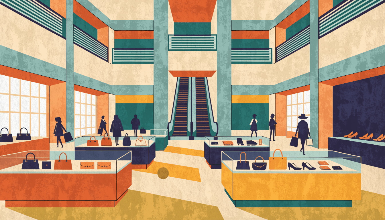 Illustration of a department store's ground-floor accessories hall — glass counters of handbags and shoes under a tall atrium, with shoppers in silhouette