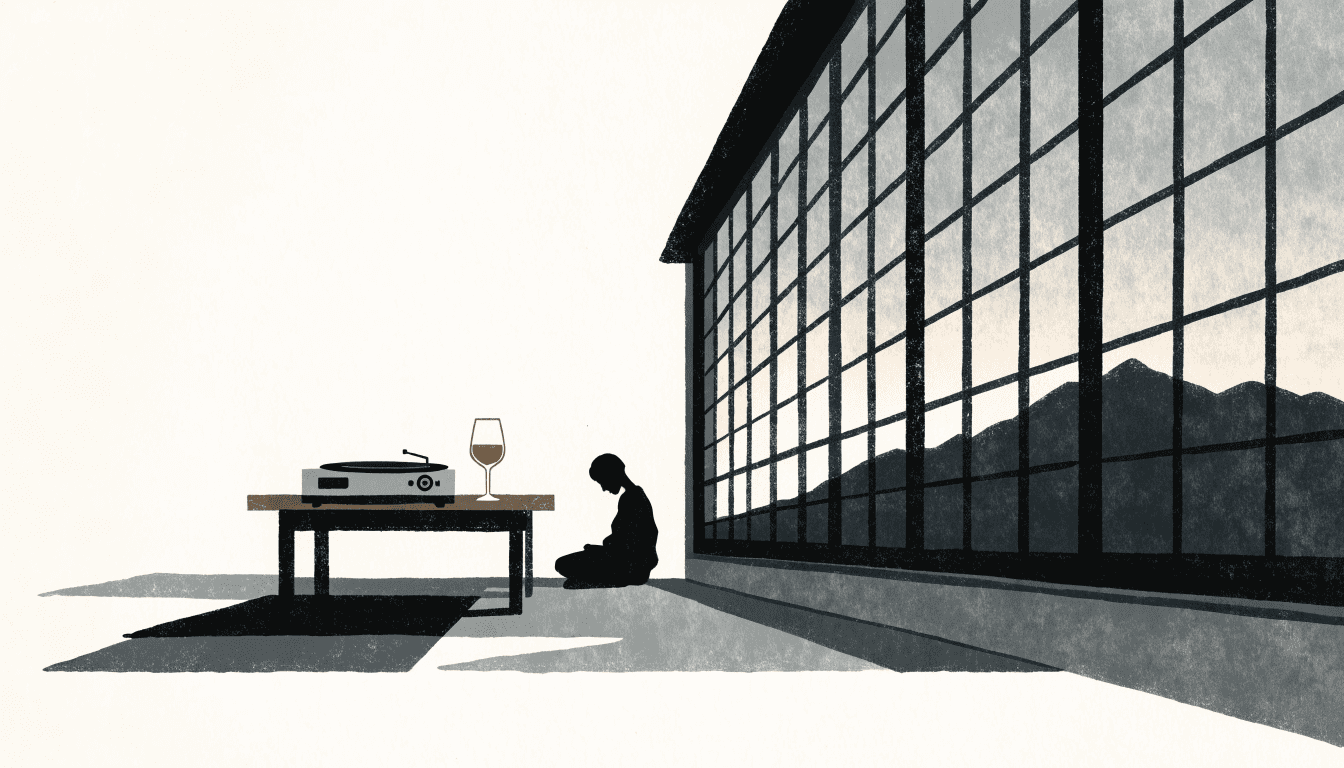Editorial illustration of a softly lit ryokan guest room at dusk with a record player and a glass of wine