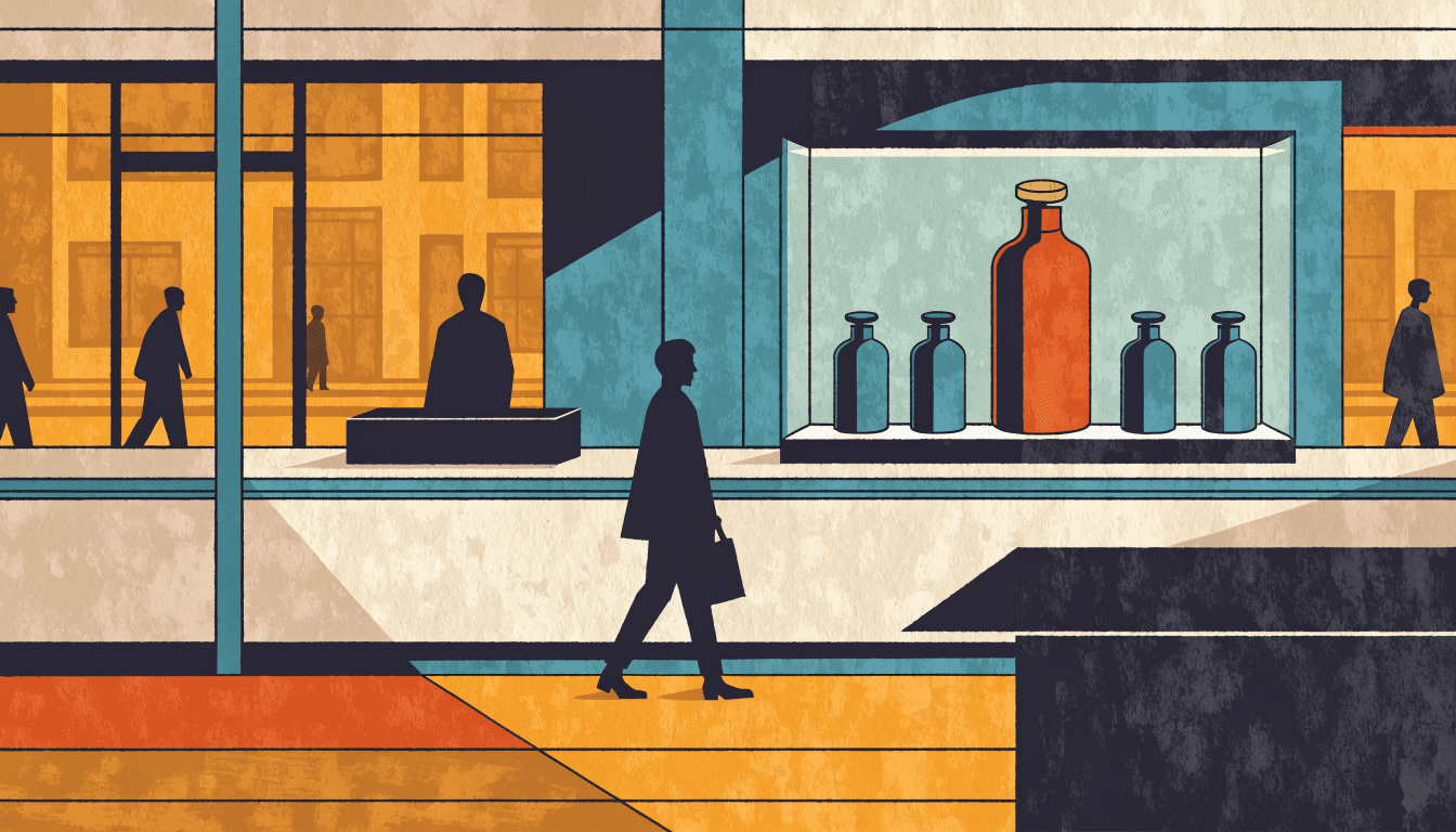 A bold, warm flat-vector illustration of a prestige cosmetics counter in a Japanese department store, bottles arranged on a lit display shelf.