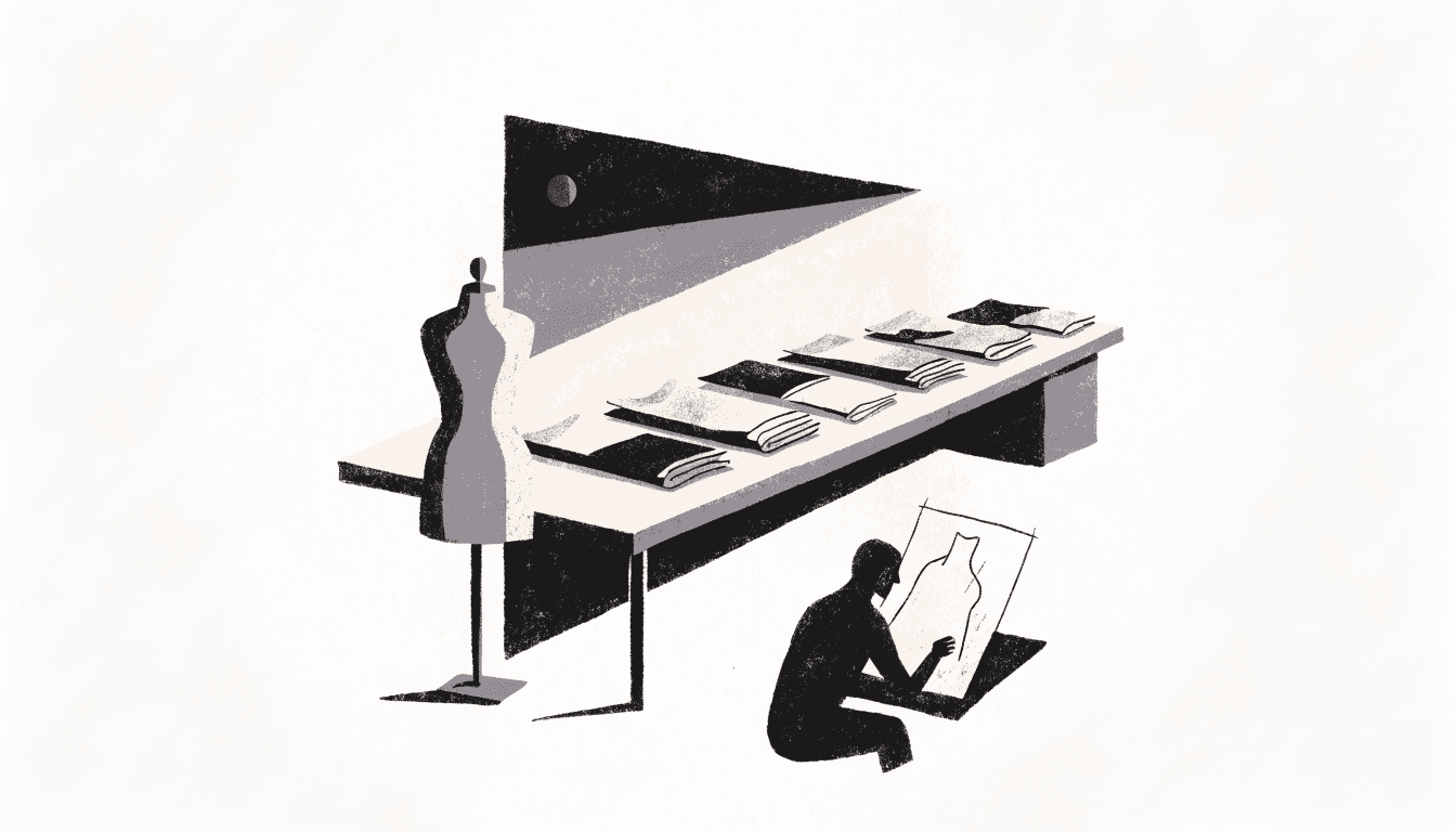 Calm editorial illustration of a fashion atelier interior — a cutting table, fabric swatches, a headless dress form — seen from a long diagonal, near-monochrome with one small brass accent, one silhouette figure at work.