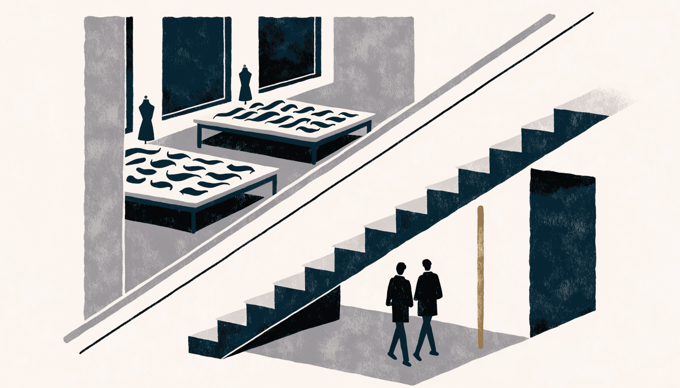 A flat-vector editorial illustration of a calm Milan maison atelier at dusk, seen from a raised vantage down a long diagonal staircase, with cutting tables and dress forms on the level below and two silhouette figures in tailored coats crossing a landing, seen from behind.