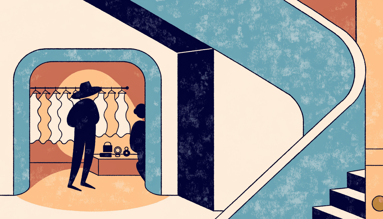 A warm editorial illustration of a boutique alcove on a department-store floor, a garment rail of flowing dresses and a small accessory display, a shopper browsing in silhouette, an escalator visible beyond.
