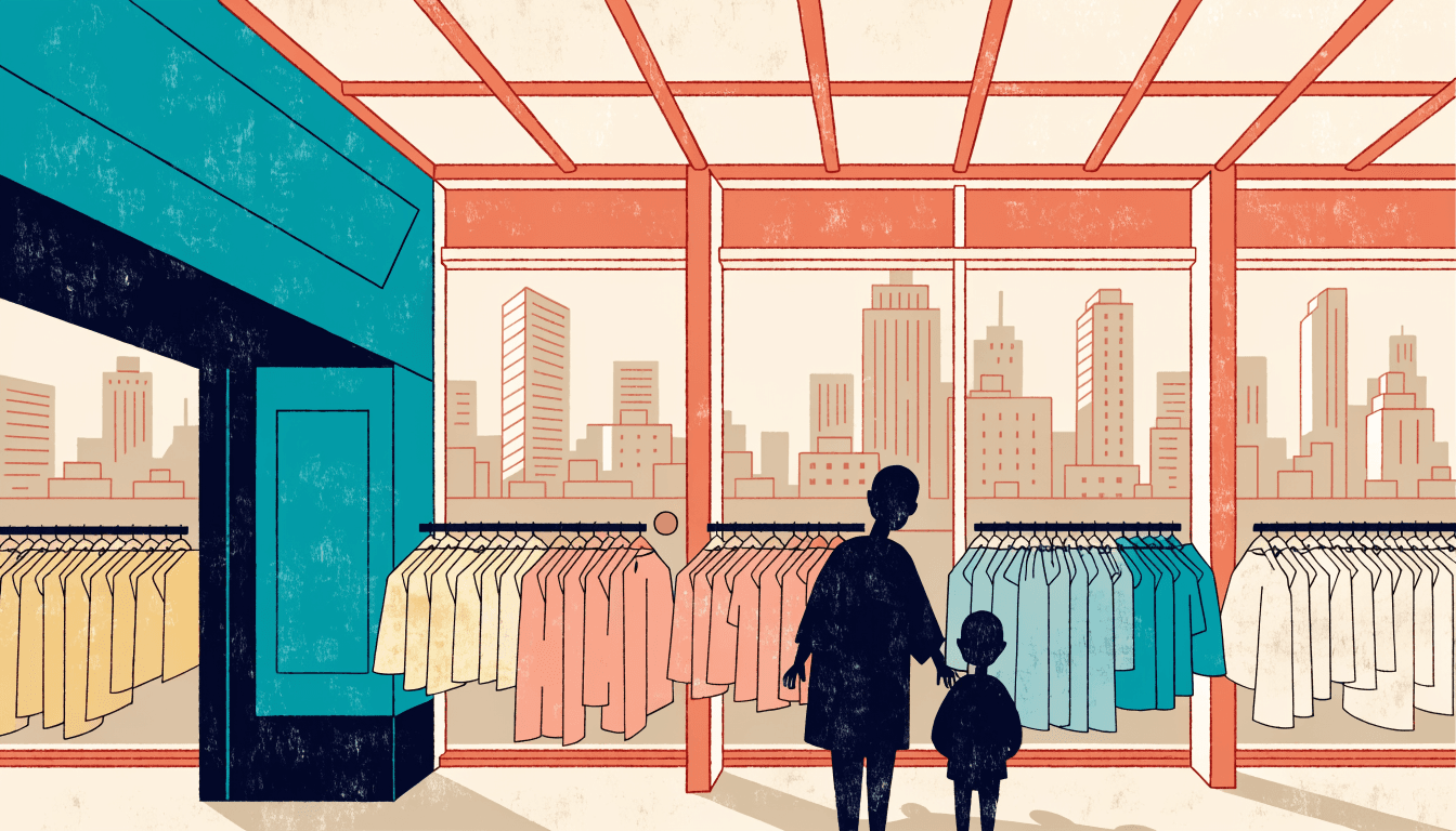 Illustration of a sunlit children's-wear floor high inside a Japanese department-store tower, with a parent and child silhouette browsing racks against a city skyline