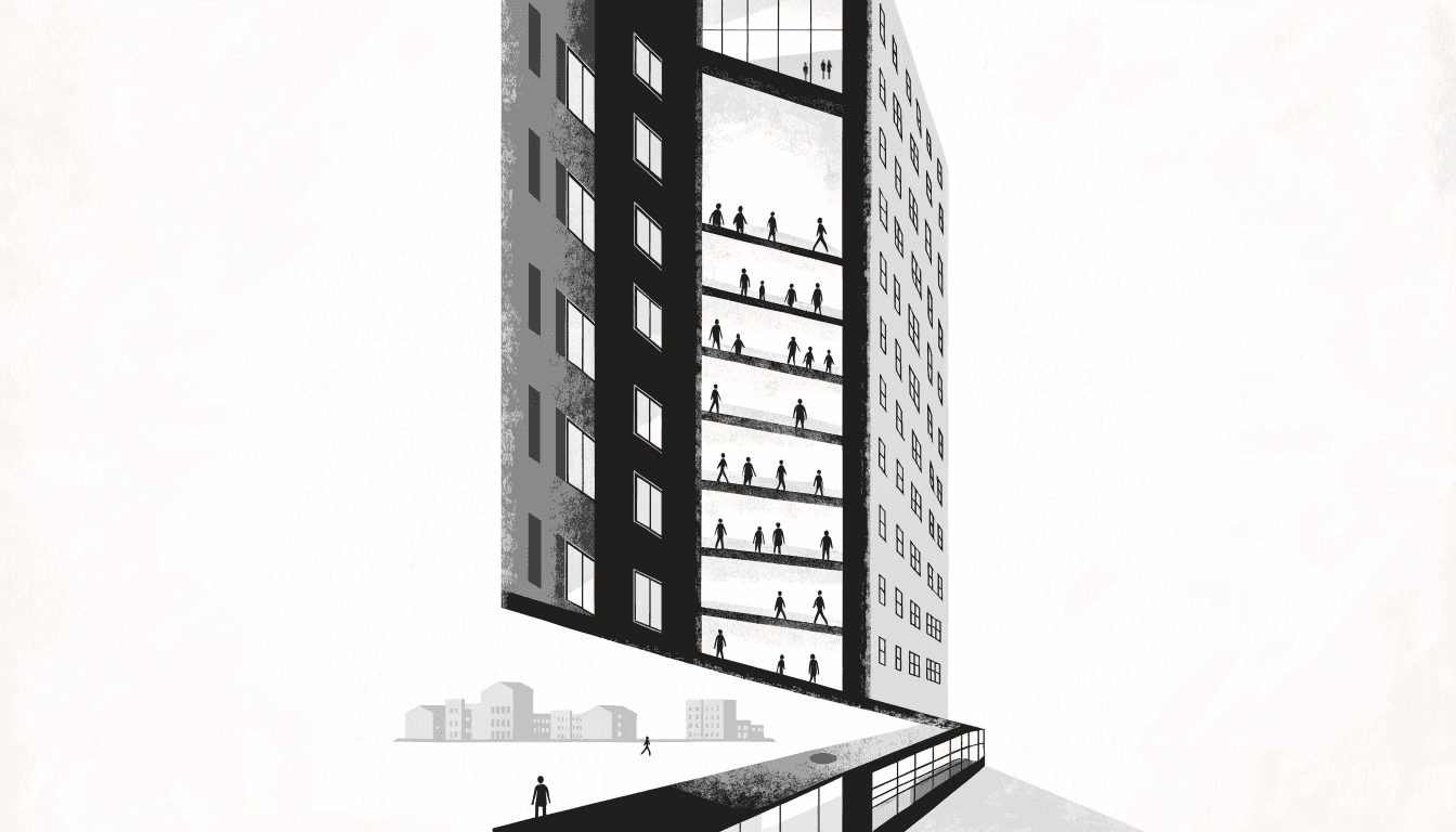 Illustration of a tall department-store tower in cross-section, its floors filled with silhouette shoppers, above a quiet row of low-rise buildings.