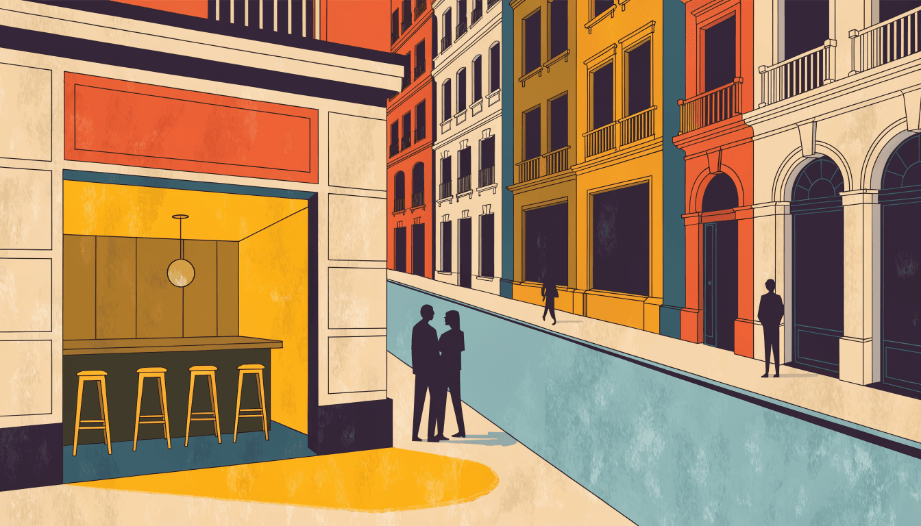 Flat-vector illustration of a small corner café and bar at dusk, its lit interior and row of stools opening onto a wide upmarket shopping street lined with tall boutique facades, two anonymous figures talking on the pavement.