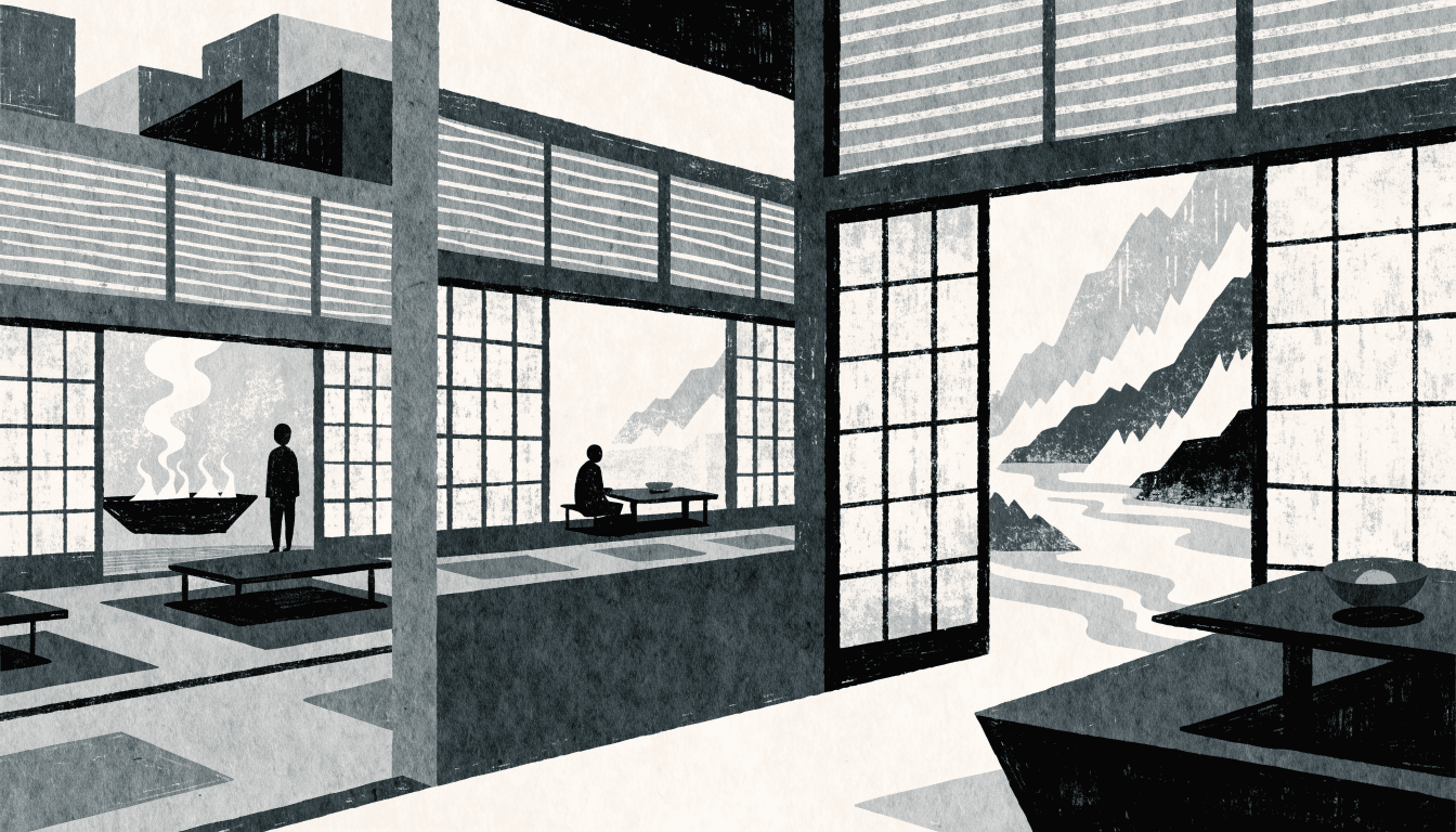 Calm editorial illustration of a multi-room Japanese kaiseki dining interior in a hot-spring mountain town, layered wooden screens opening onto a misty mountain and river view, silhouette figures seated at low tables.