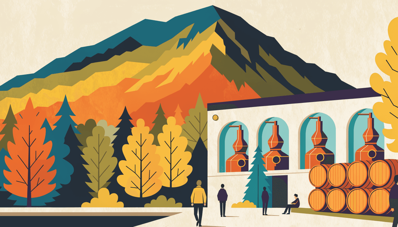 Illustration of a whisky still house at the foot of a mountain, autumn-coloured trees around the distillery buildings.