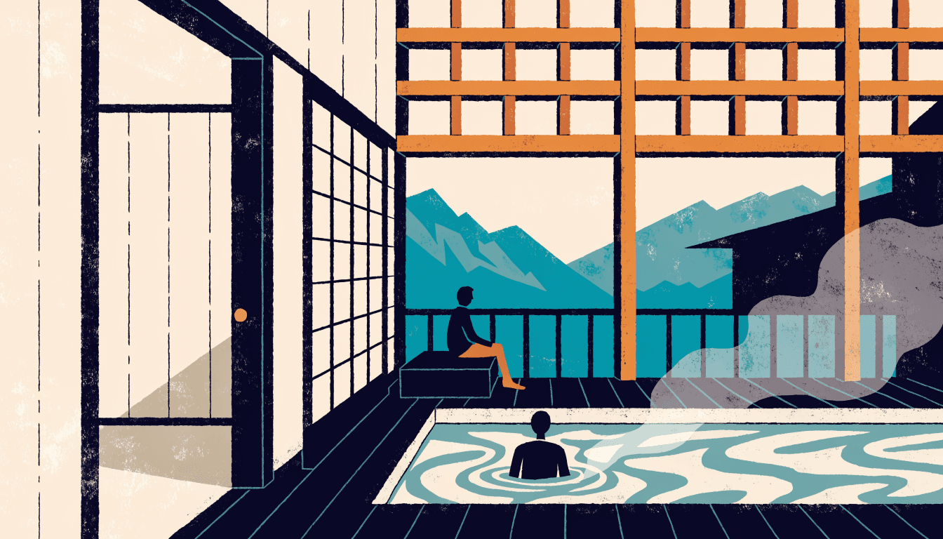 Editorial illustration of a private open-air onsen bath on a mountain-facing ryokan balcony, warm wood and stone in muted tones.