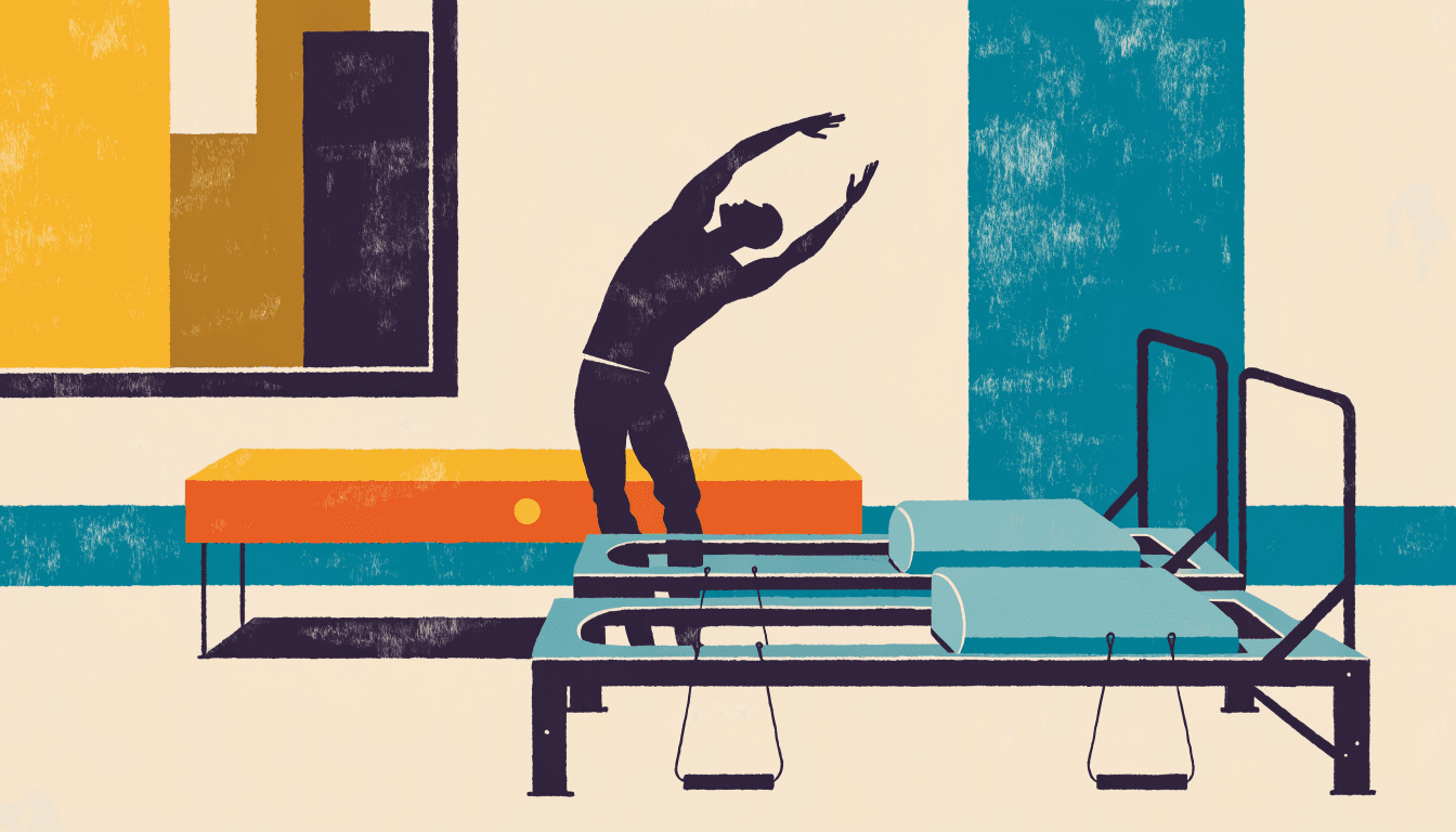 Editorial illustration of a silhouette figure stretching on a pilates reformer machine in a calm, minimalist studio interior.