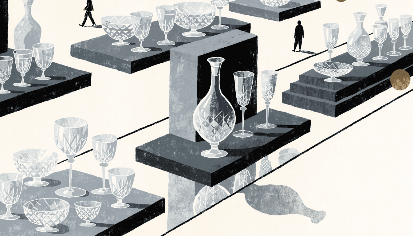 Calm editorial illustration of a department-store tableware floor with crystal and glassware catching soft light on display plinths.