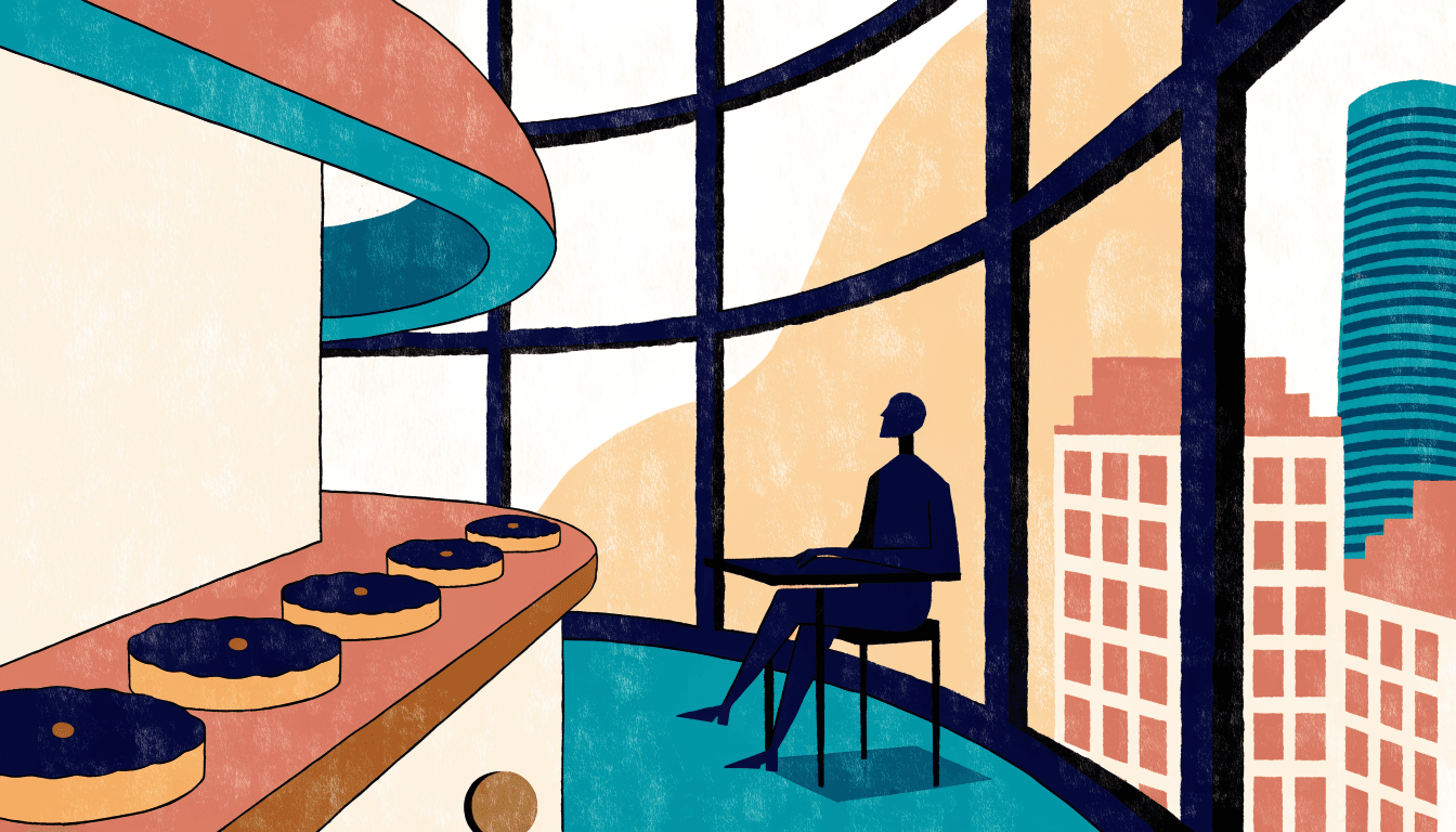 Illustration of a tart display counter beside a window table overlooking a station-district skyline.