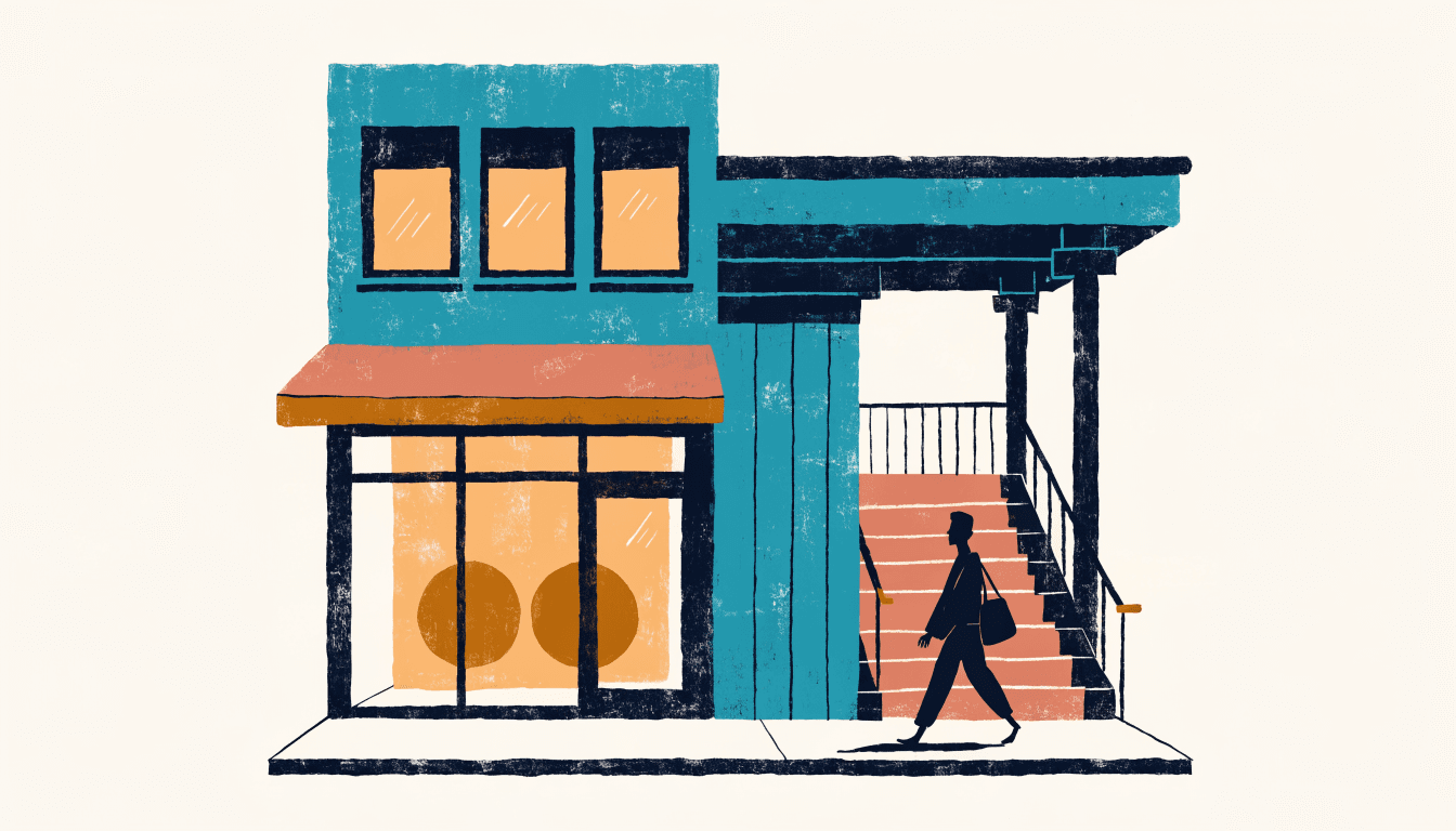 Calm near-monochrome editorial illustration of a small studio storefront beside a private railway station entrance, one silhouette figure walking past.