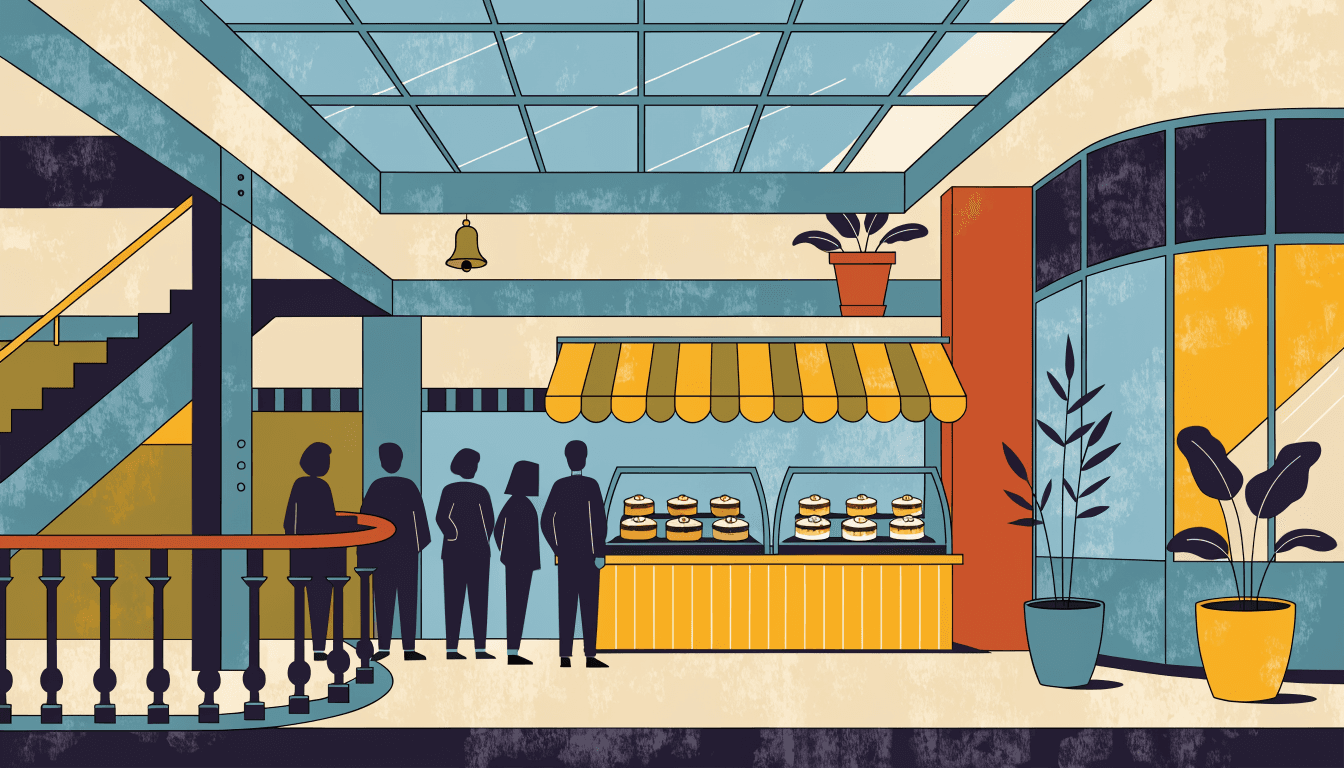 Illustration of a bakery pop-up stall selling cheesecakes inside a shopping mall atrium, with shoppers queuing