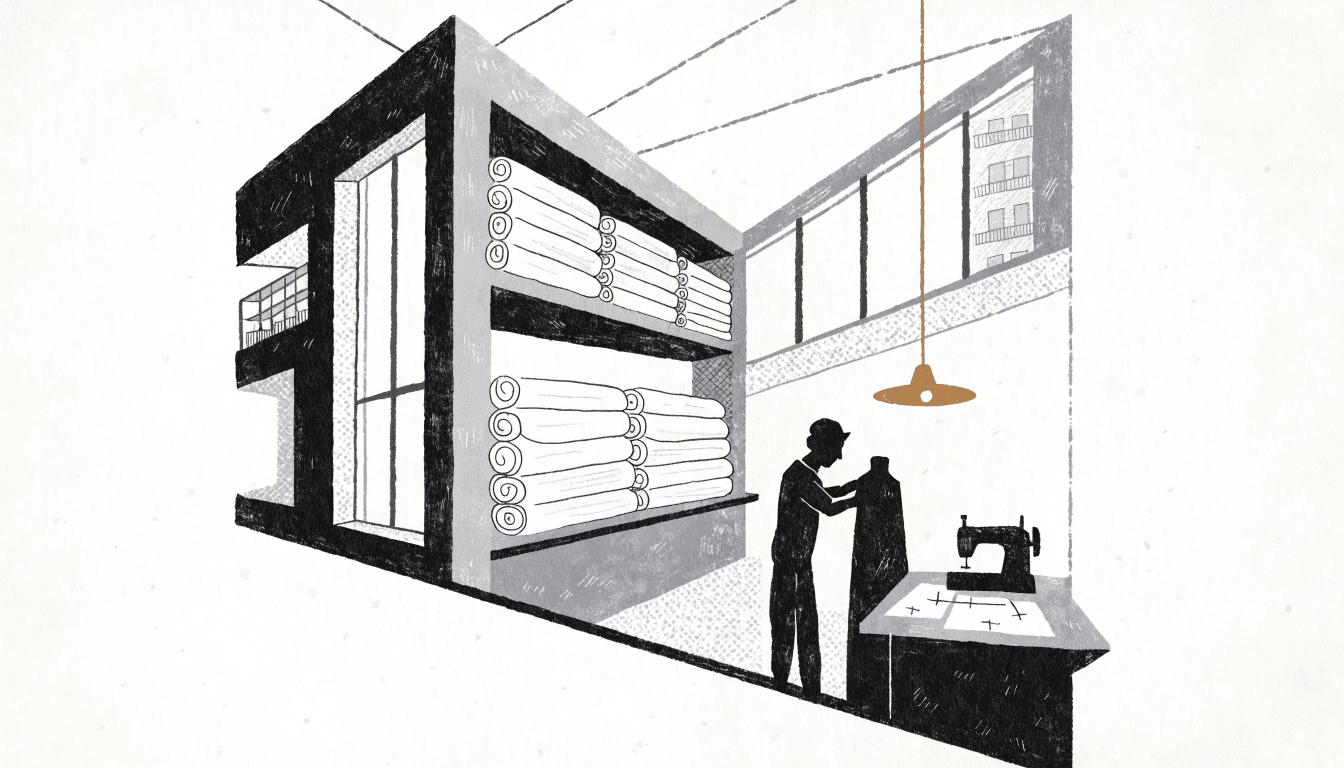 Calm near-monochrome editorial illustration of a denim tailor's atelier, bolts of raw denim on shelves and a silhouette figure at a workbench with a sewing machine.
