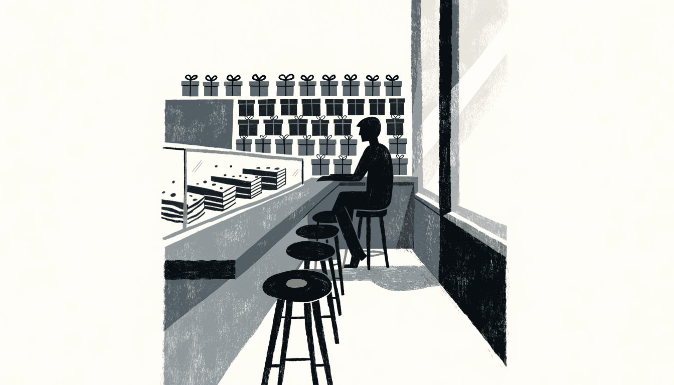 Flat-vector illustration of a compact patisserie counter with six stools, a glass case of layered gateaux, and a wall of stacked gift boxes behind it, a silhouette customer seated at the counter in soft morning light.