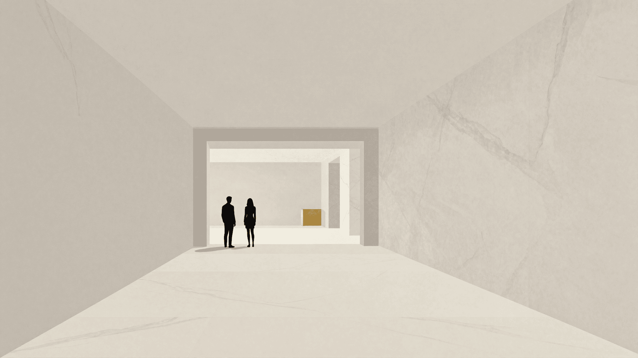 Editorial illustration — a quiet marble-floored luxury boutique interior in Omotesando, seen from the entrance.