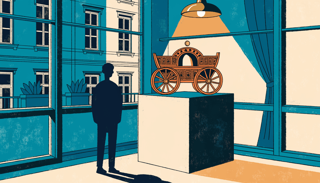 Flat-vector illustration of an ornate miniature wooden wagon displayed as a jewel-box object under a spotlight, with a silhouette figure admiring it in a boutique vitrine