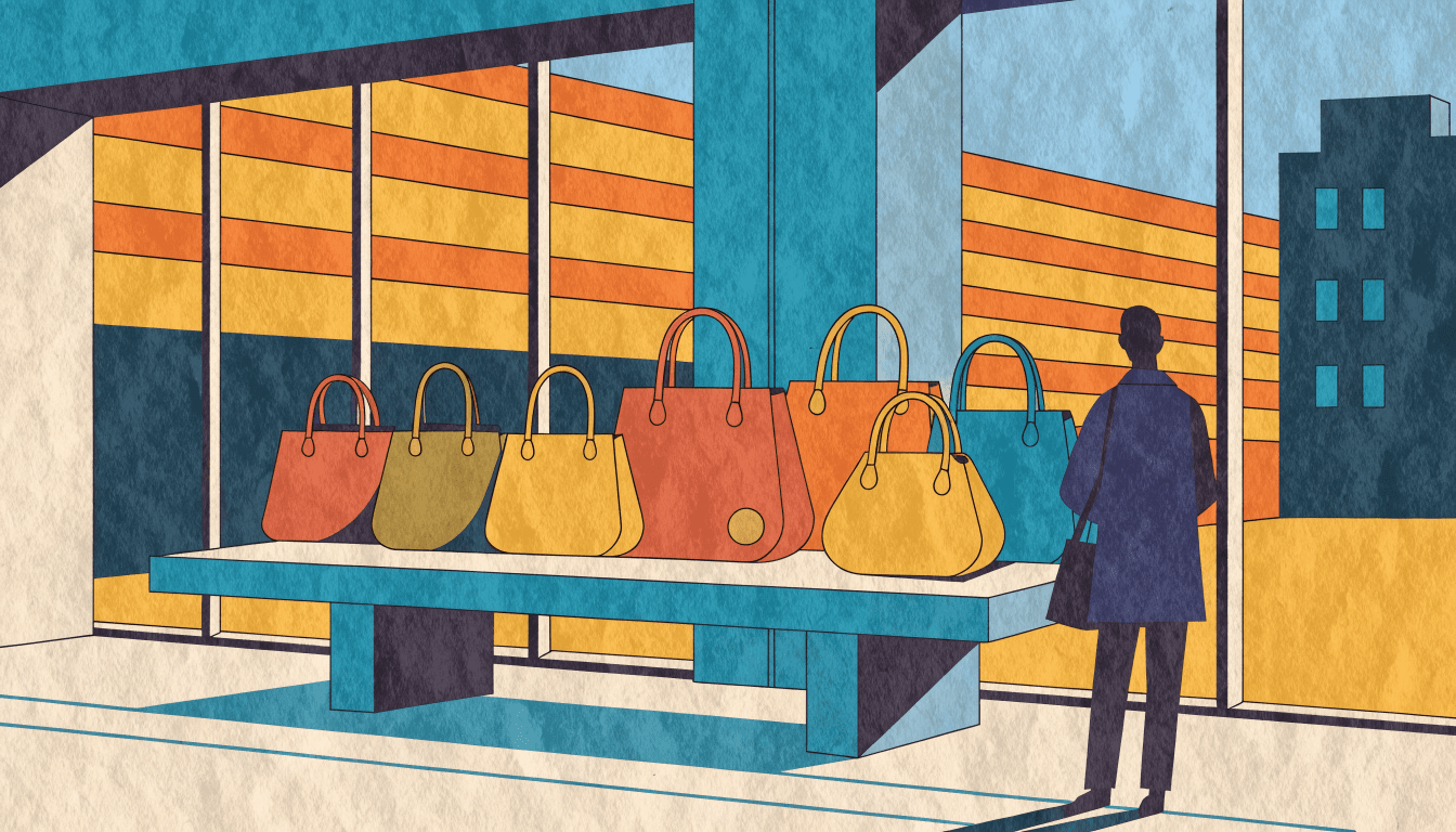 Editorial illustration — An elegant Tokyo luxury boutique interior in early autumn, warm suede-toned handbags arranged on a minimalist display shelf, soft golden afternoon light, a shopper silhouette browsing from behind.