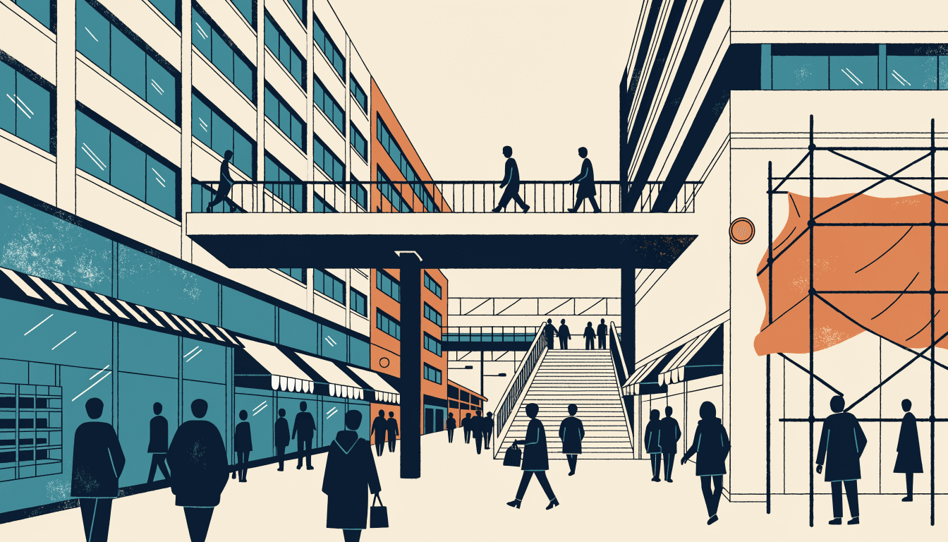 Editorial illustration of a multi-building train-station shopping complex in Osaka, shoppers crossing a walkway between two wings past a storefront under renovation.