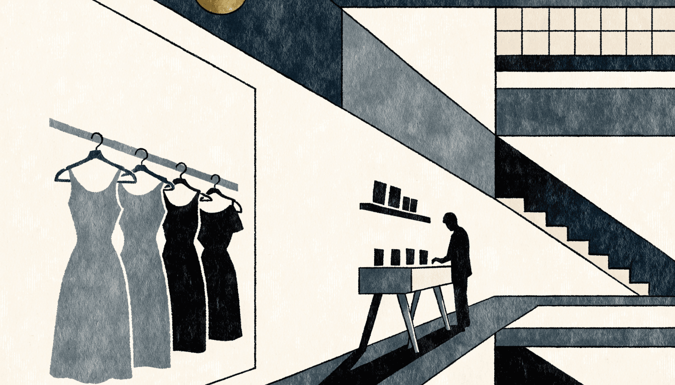 Illustration of a rental-fashion corner on a multi-level Osaka mall floor, dresses on a rack beside a self-serve sample counter, a shopper silhouette nearby, calm near-monochrome style.